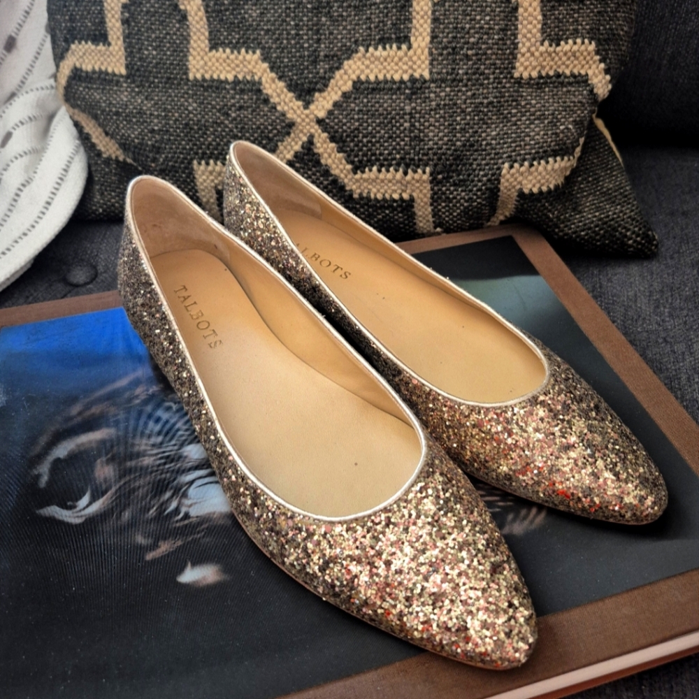 Talbots Gold Glitter Party Shoes Size 8 AA